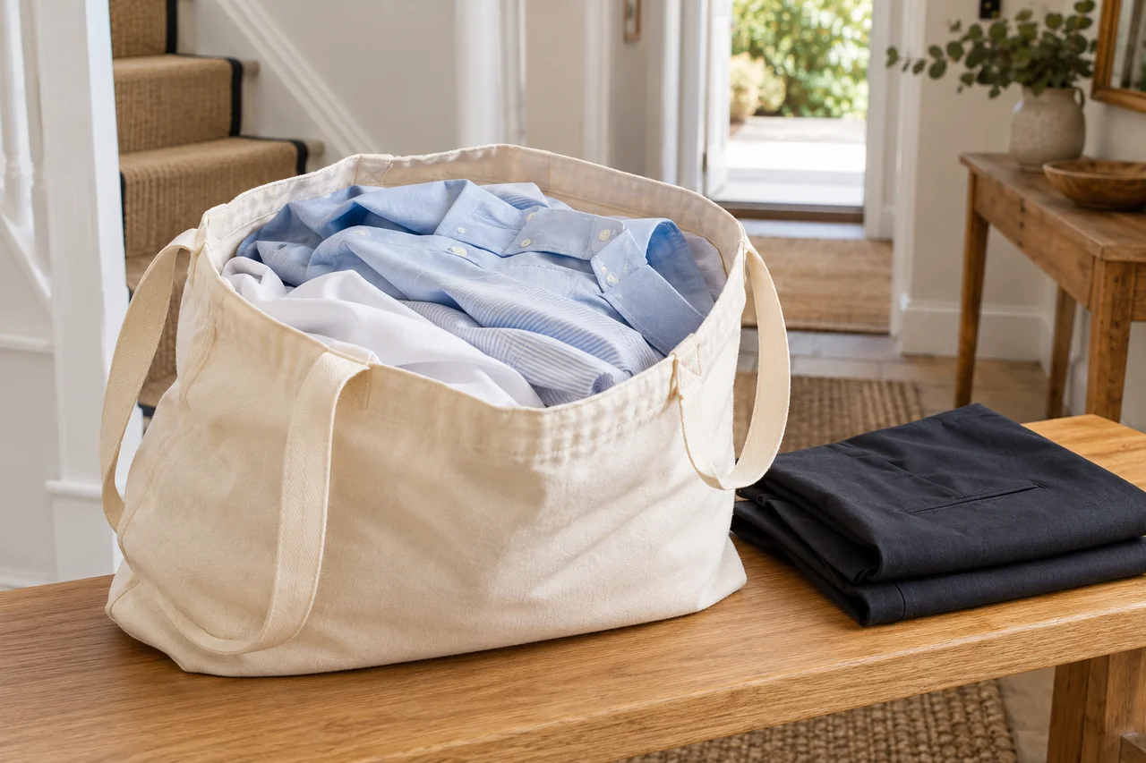 Clean clothes in a reusable laundry bag, ready for collection
