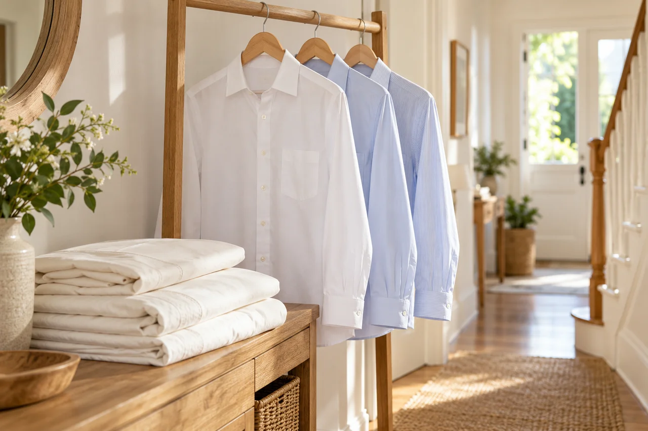 Freshly pressed shirts and folded bedding ready to put away