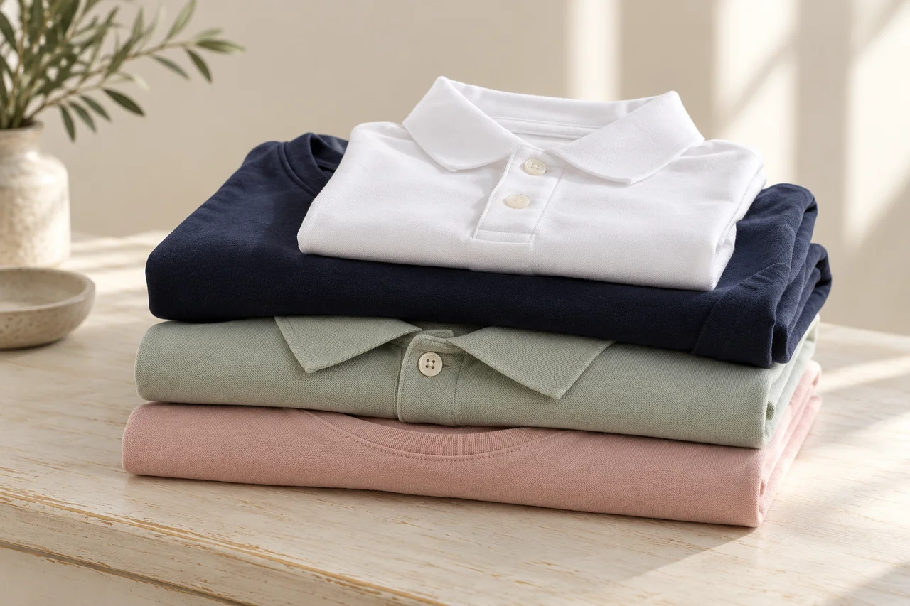 Folded cotton T-shirts, polo shirts and a long-sleeved top